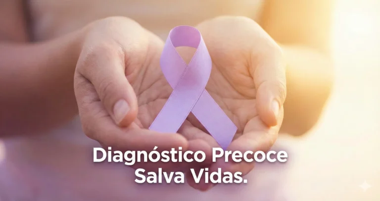Mãos segurando delicadamente um laço de conscientização lilás com a frase em destaque: "Diagnóstico Precoce Salva Vidas".