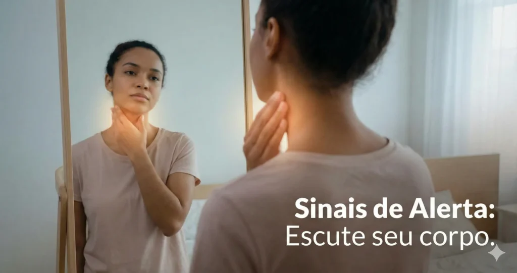 Mulher de frente para o espelho tocando o pescoço para verificar nódulos, acompanhada da frase: "Sinais de Alerta: Escute seu corpo".