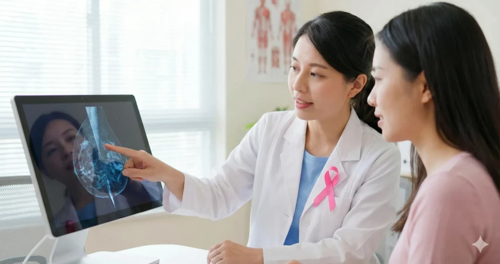 Médica oncologista usando laço rosa no jaleco, apontando para exame de mamografia na tela do computador e explicando o resultado para uma paciente.