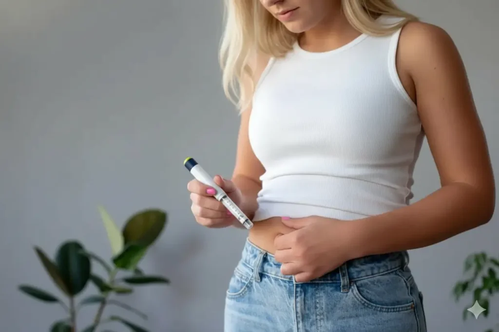 Pessoa aplicando caneta emagrecedora na região abdominal para tratamento médico