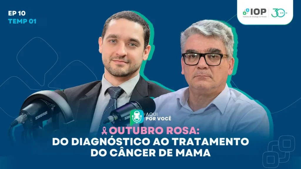 Capa do episódio 10 do podcast do IOP com dois médicos especialistas. Título em destaque: Outubro Rosa: Do diagnóstico ao tratamento do câncer de mama.