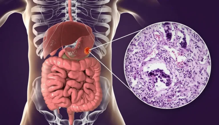 Ilustração 3D do sistema digestório com lesão de adenocarcinoma no estômago e zoom histológico das células tumorais.