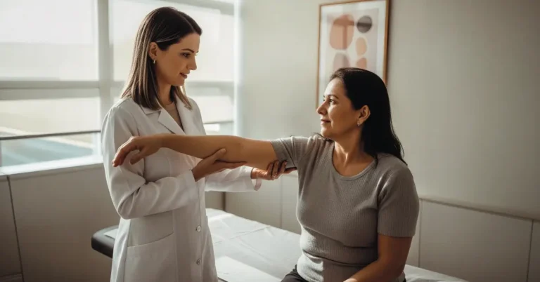 Paciente oncológica sendo avaliada por profissional de Educação Física Oncológica em clínica do Instituto de Oncologia do Paraná