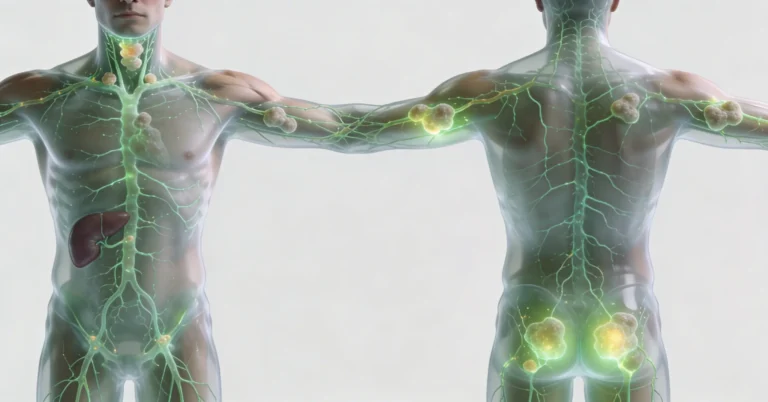 Ilustração médica realista do tronco humano com sistema linfático visível e linfonodos aumentados no pescoço, axilas e virilha, representando linfoma.