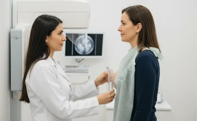 Técnica em radiologia ajustando paciente adulta durante exame de mamografia em clínica moderna, com mamógrafo e monitor ao fundo, representando prevenção do câncer de mama e uso da classificação BI-RADS.