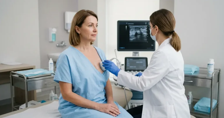 Mulher realizando biópsia de mama guiada por ultrassom em clínica moderna, com médica ao lado e clima acolhedor.