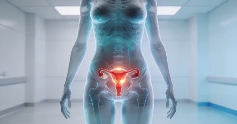 Ilustração médica 3D mostrando útero e colo do útero em destaque para explicar câncer do colo do útero e prevenção.