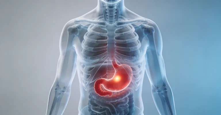 Manequim anatômico translúcido em ambiente clínico, com o estômago destacado em vermelho, ilustrando câncer de estômago.