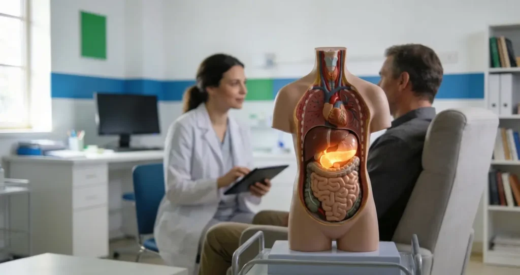 Médica oncologista atendendo paciente em consultório moderno, ilustrando cuidado no diagnóstico e tratamento do câncer de pâncreas.