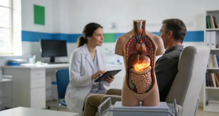 Médica oncologista atendendo paciente em consultório moderno, ilustrando cuidado no diagnóstico e tratamento do câncer de pâncreas.