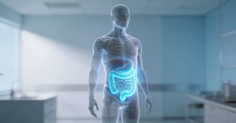 Manequim anatômico translúcido em consultório médico destacando intestino grosso e diverticulite