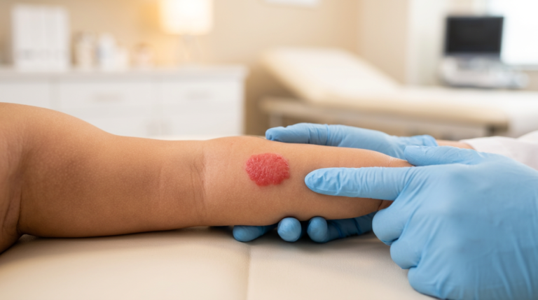 Médico com luva examinando hemangioma infantil vermelho no braço de bebê em consultório pediátrico