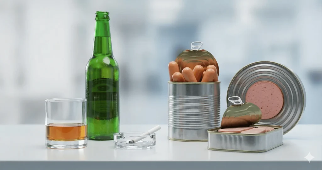 Fotografia em ambiente clínico e neutro mostrando um copo com bebida alcoólica, uma garrafa verde, um cigarro em um cinzeiro de vidro e latas abertas contendo carnes embutidas e salsichas. A imagem representa fatores de risco e substâncias associadas ao desenvolvimento do câncer.