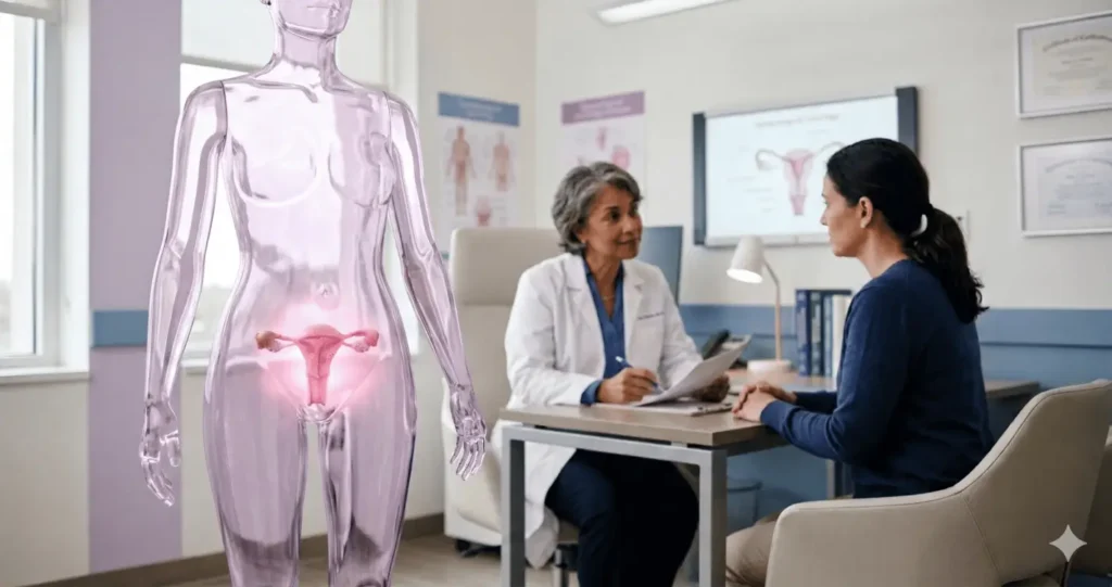 Modelo anatômico feminino em consultório de oncologia, com foco na região do útero, ilustrando prevenção do câncer do colo do útero