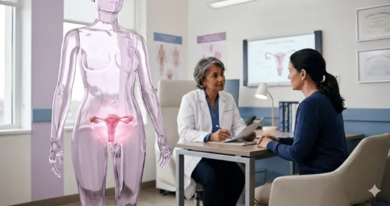 Modelo anatômico feminino em consultório de oncologia, com foco na região do útero, ilustrando prevenção do câncer do colo do útero