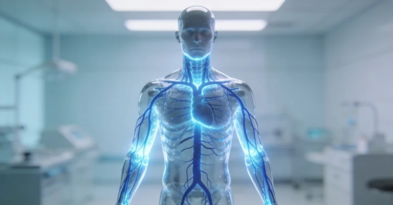 Manequim anatômico translúcido em ambiente médico minimalista com sistema venoso destacado em azul