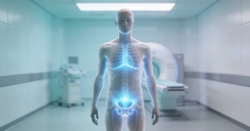 Máquina de radioterapia em destaque com manequim anatômico translúcido sobre a mesa em ambiente clínico