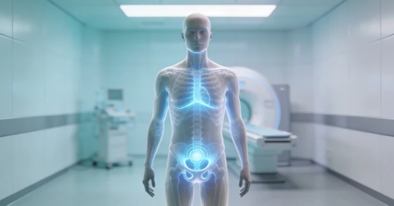 Máquina de radioterapia em destaque com manequim anatômico translúcido sobre a mesa em ambiente clínico