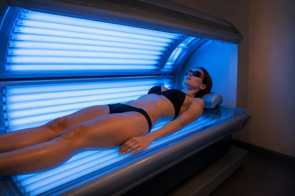 mulher em câmara de bronzeamento artificial