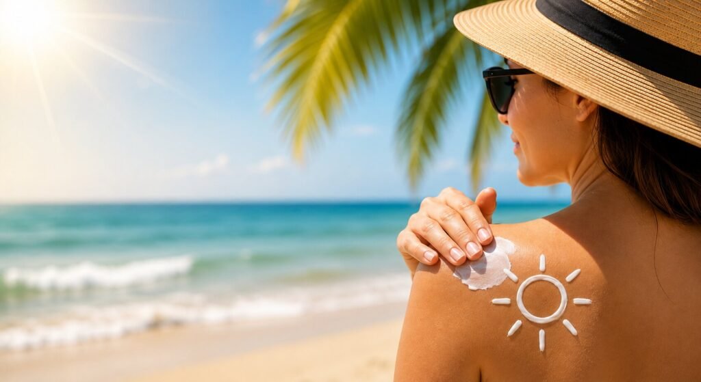 mulher na praia passando filtro solar nas costas