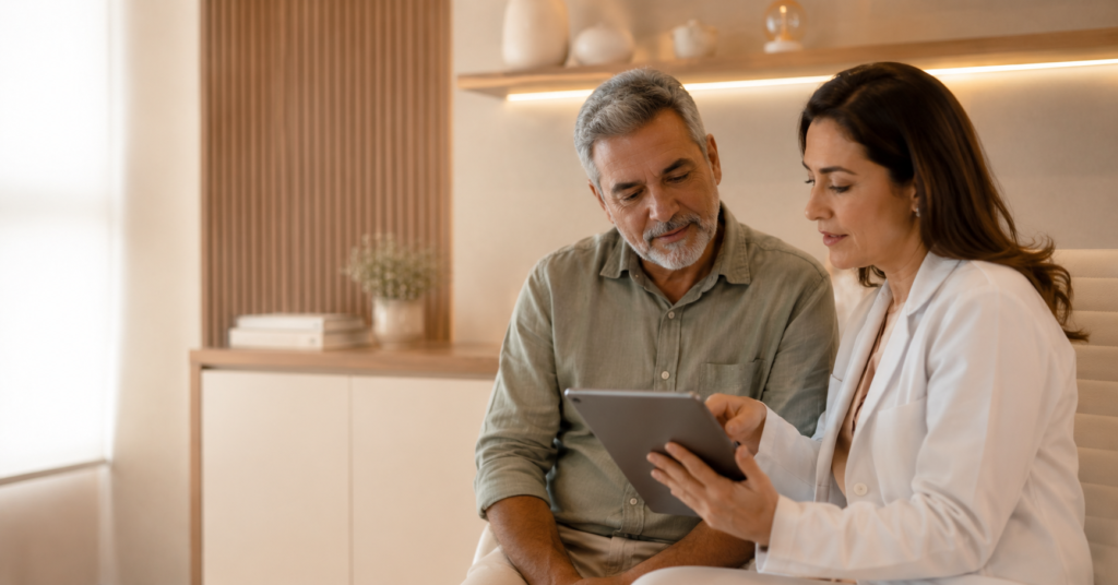 médica oncologista mostrando informações para paciente usando tablet