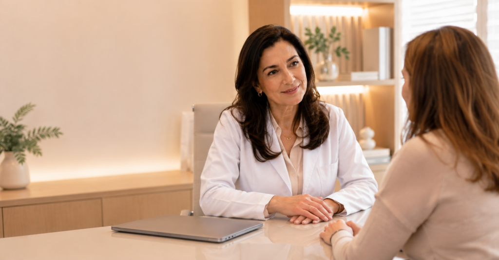 médica e paciente em consultório